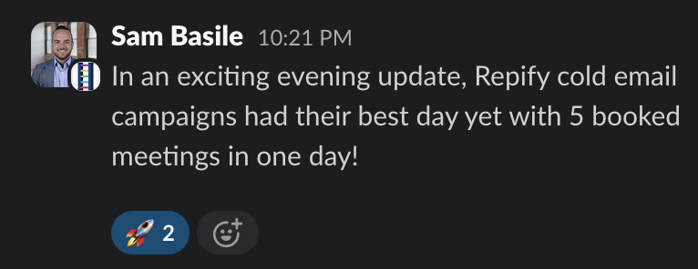 Slack message from Sam Basile: 5 booked meetings in one day